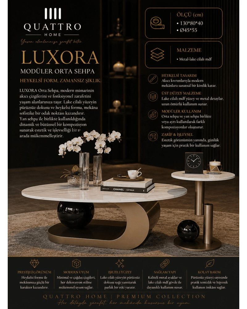 Quattro Home Luxora Oval Modüler Orta Sehpa Seti Metal Lake Cilalı MDF 130x80x40 Ø45x55 cm