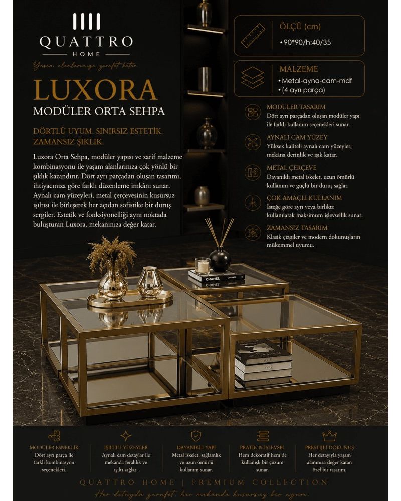 Luxora Kare Dörtlü Modüler Orta Sehpa Gold Metal Aynalı Cam MDF 90x90x40/35 cm
