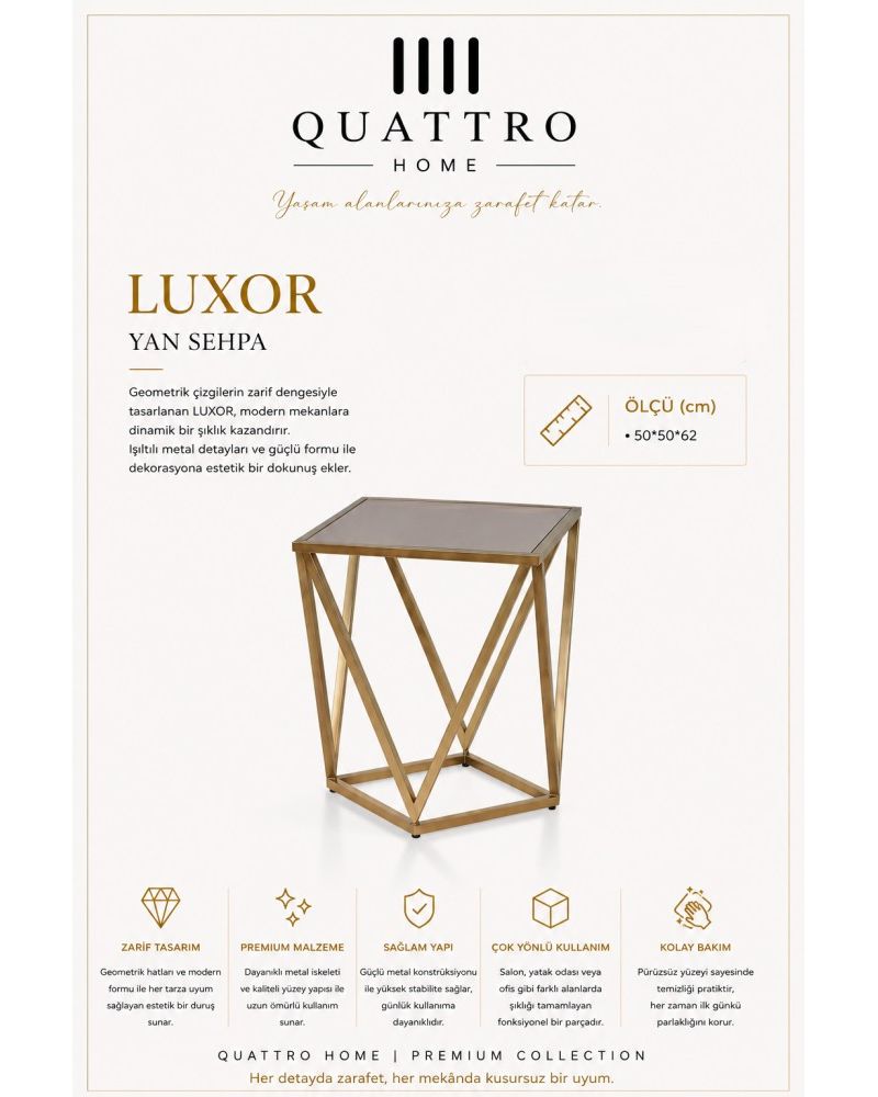 Quattro Home Luxor Kare Geometrik Yan Sehpa Gold Metal Gövdeli Cam Yüzey 50x50x62 cm