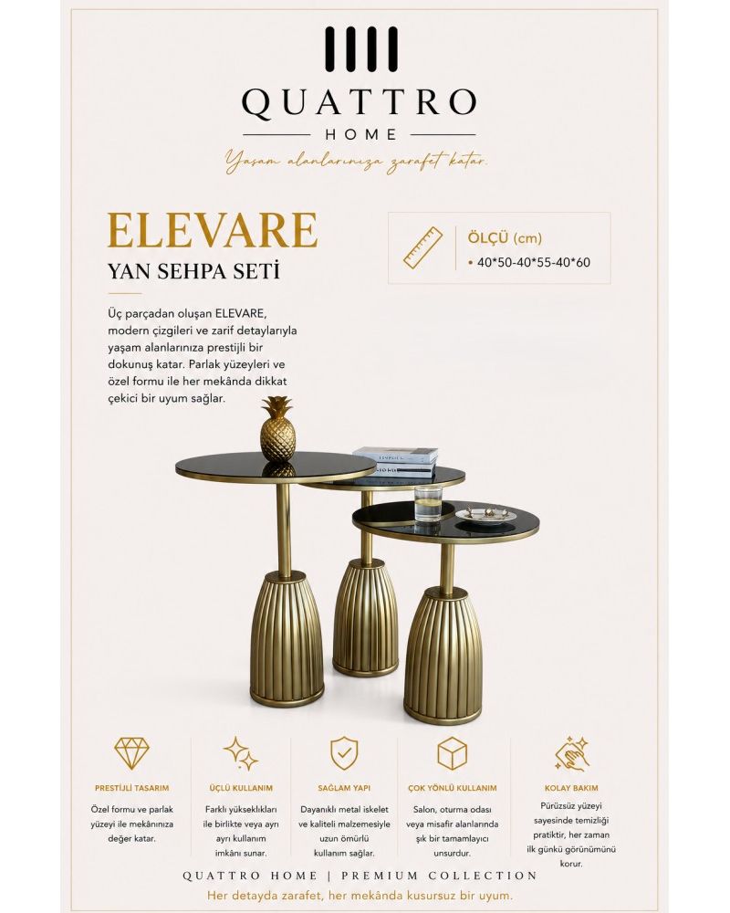 Quattro Home Elevare Yuvarlak Üçlü Yan Sehpa Seti Gold Metal Siyah Parlak Yüzey 40x50 40x55 40x60 cm