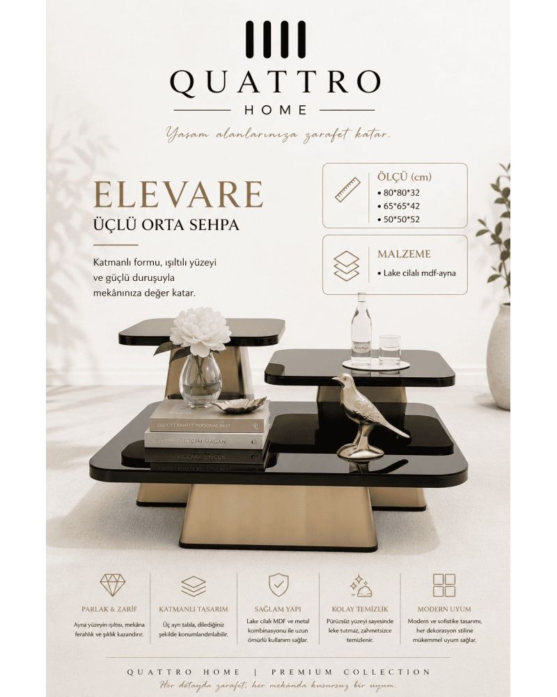 Quattro Home Elevare Kavisli Kare Üçlü Orta Sehpa Siyah Gold Lake Cilalı MDF Aynalı Yüzey 80x80x32 65x65x42 50x50x52 cm