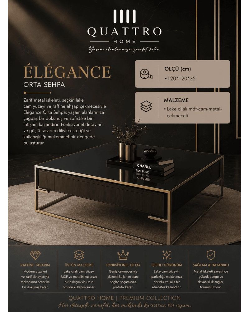 Quattro Home Élégance Kare Çekmeceli Orta Sehpa Gold Metal Lake Cilalı MDF Cam 120x120x35 cm