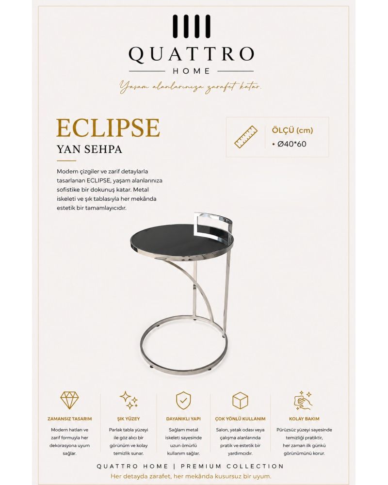 Quattro Home Eclipse Yuvarlak Metal Yan Sehpa Gümüş Siyah Parlak Tabla Ø40x60 cm
