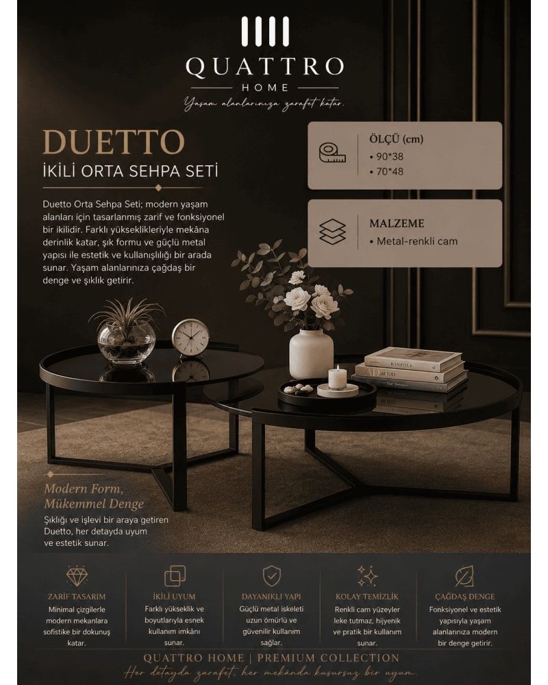 Quattro Home Duetto Yuvarlak İkili Orta Sehpa Seti Siyah Metal Renkli Cam 90x38 70x48 cm