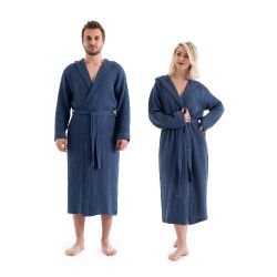 Unisex Kapşonlu 4 Kat Müslin Bornoz - Lacivert