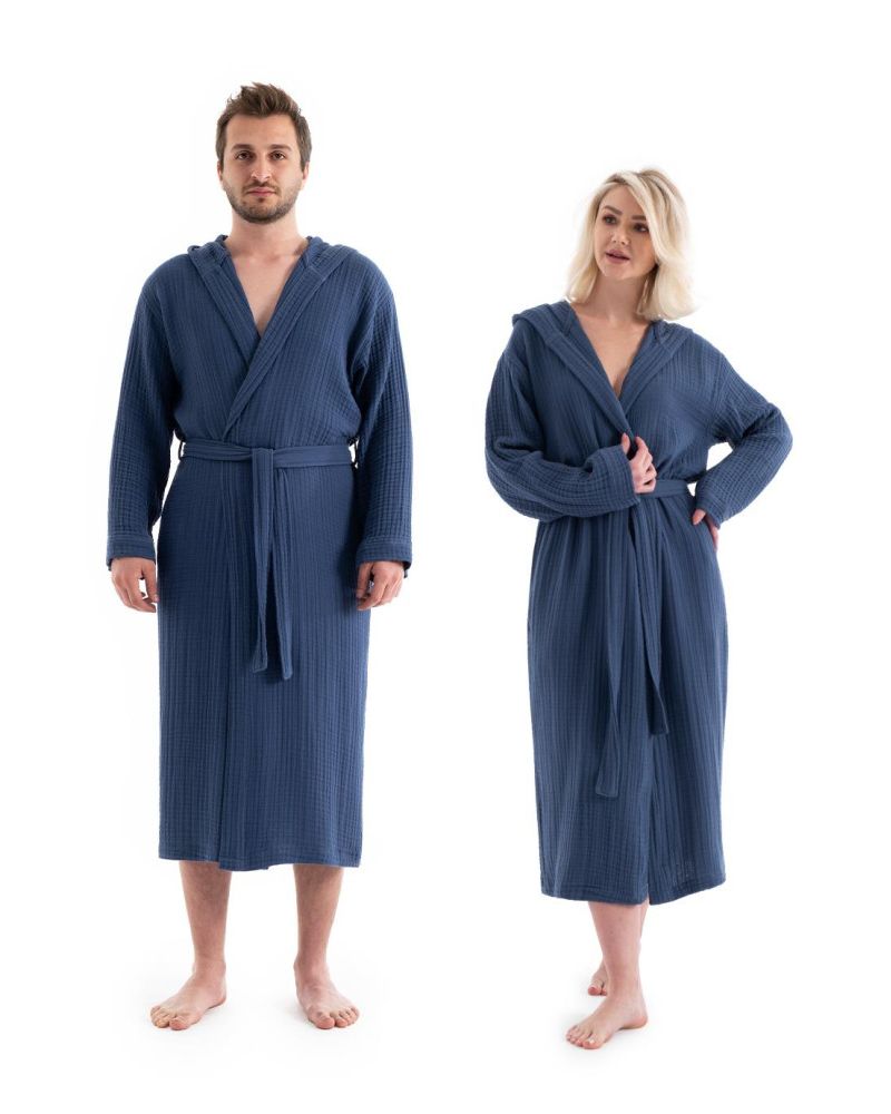 Unisex Kapşonlu 4 Kat Müslin Bornoz - Lacivert