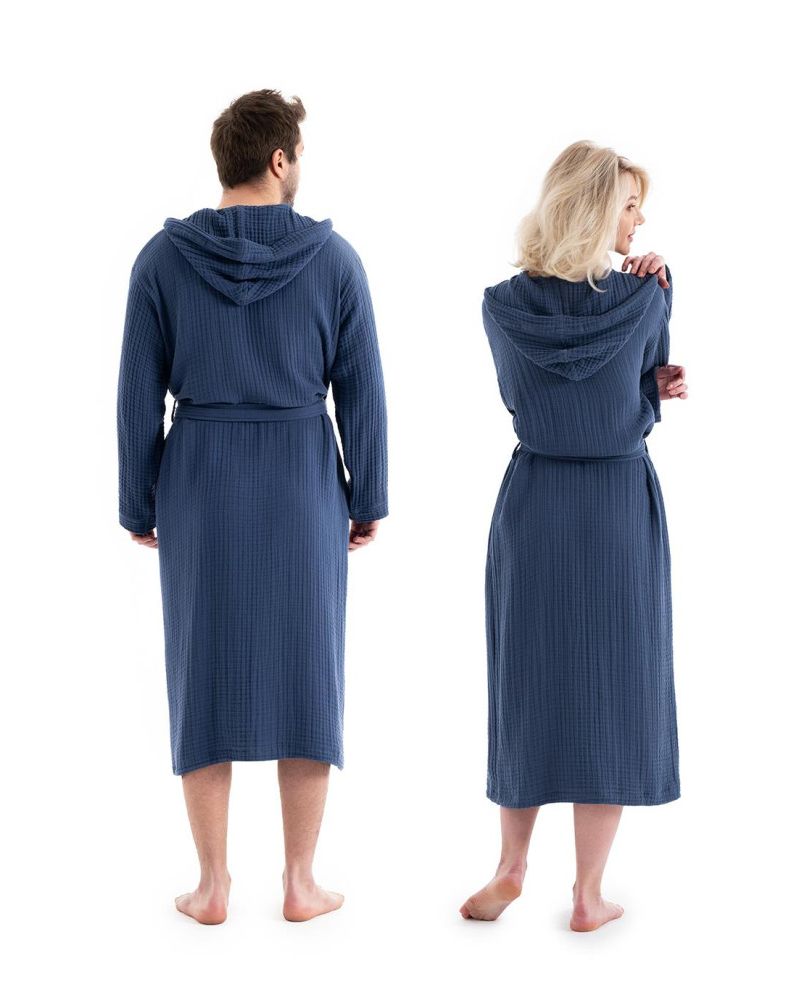 Unisex Kapşonlu 4 Kat Müslin Bornoz - Lacivert