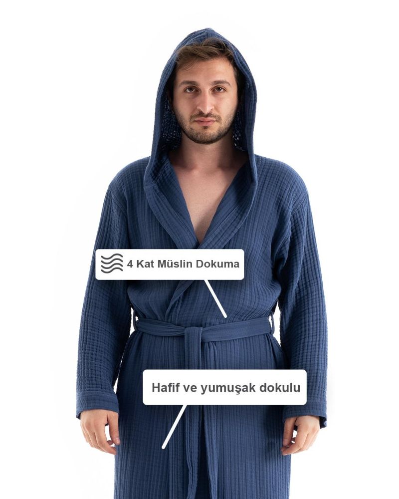 Unisex Kapşonlu 4 Kat Müslin Bornoz - Lacivert