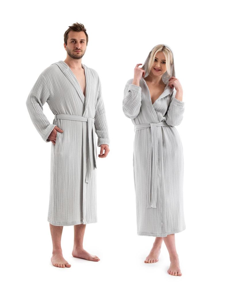Unisex Kapşonlu 4 Kat Müslin Bornoz - Gri