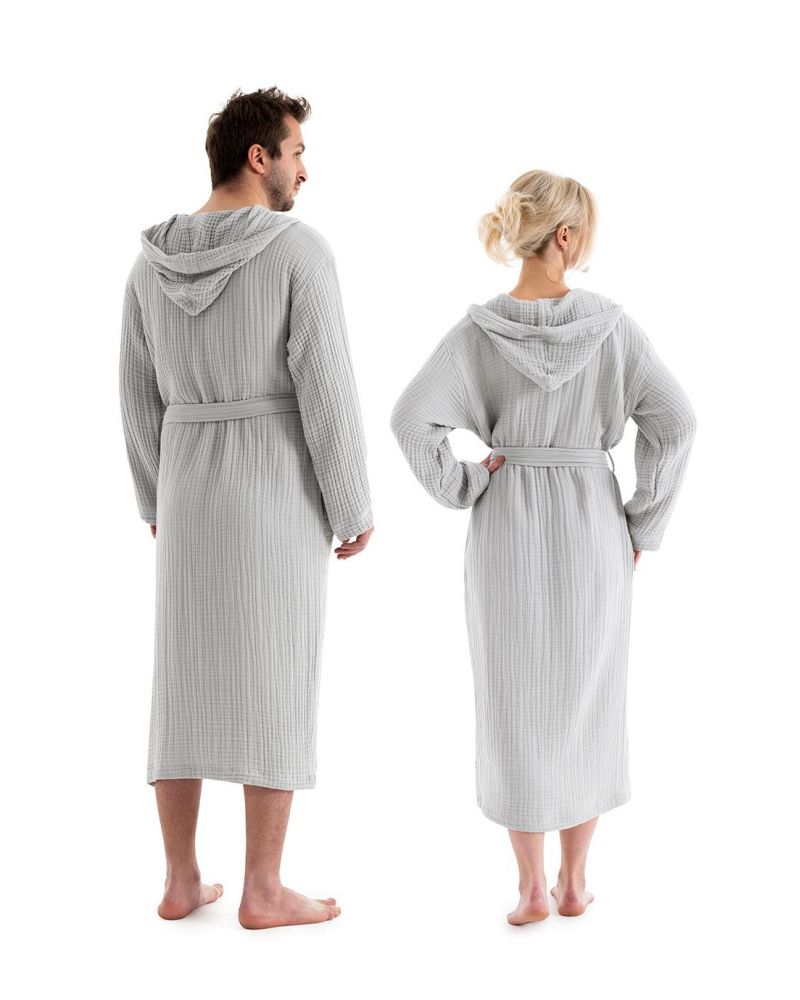 Unisex Kapşonlu 4 Kat Müslin Bornoz - Gri