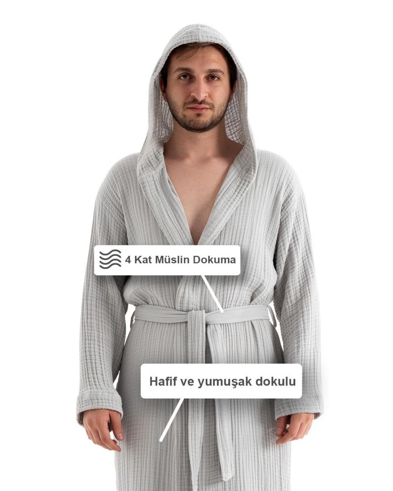 Unisex Kapşonlu 4 Kat Müslin Bornoz - Gri