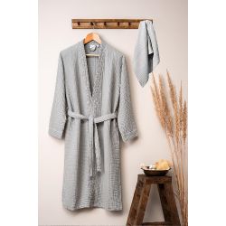 Unisex Kimono Müslin Bornoz-Havlu Seti - Gri