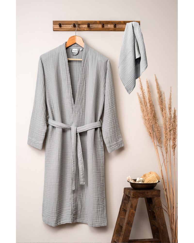 Unisex Kimono Müslin Bornoz-Havlu Seti - Gri
