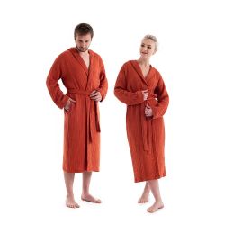 Unisex Kapşonlu 4 Kat Müslin Bornoz - Kiremit