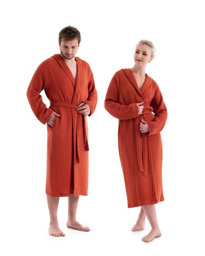Unisex Kapşonlu 4 Kat Müslin Bornoz - Kiremit
