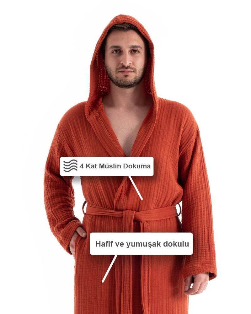 Unisex Kapşonlu 4 Kat Müslin Bornoz - Kiremit