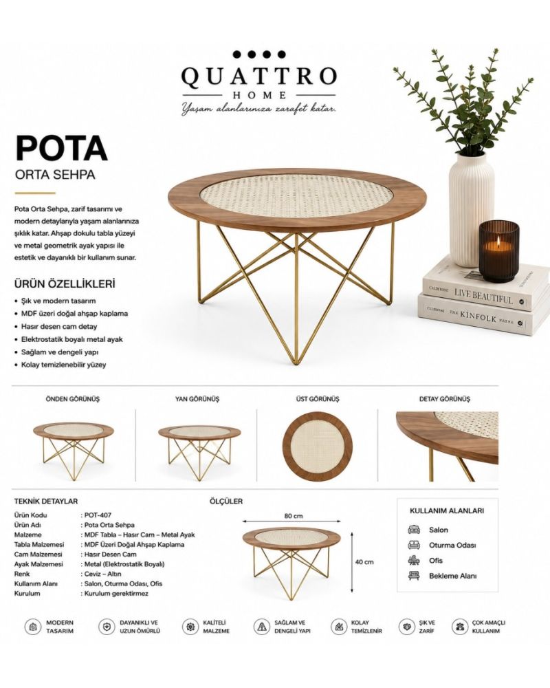 Pota 80 cm Ahşap ve Hasır Camlı Gold Metal Orta Sehpa