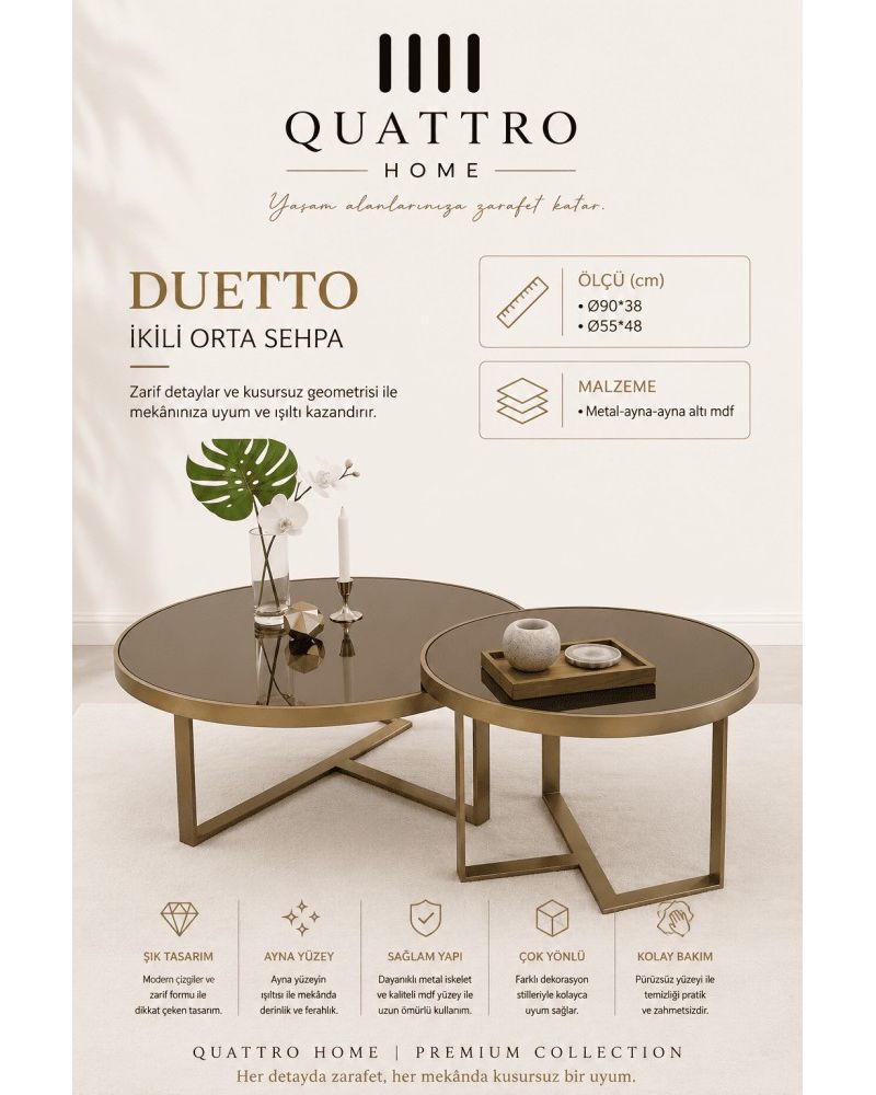 Quattro Home Duetto Yuvarlak Aynalı İkili Orta Sehpa Gold Metal Ayaklı 90x38 55x48 cm