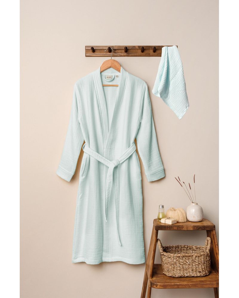 Unisex Kimono Müslin Bornoz-Havlu Seti - Mint