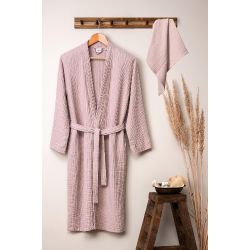 Unisex Kimono Müslin Bornoz-Havlu Seti - Pudra