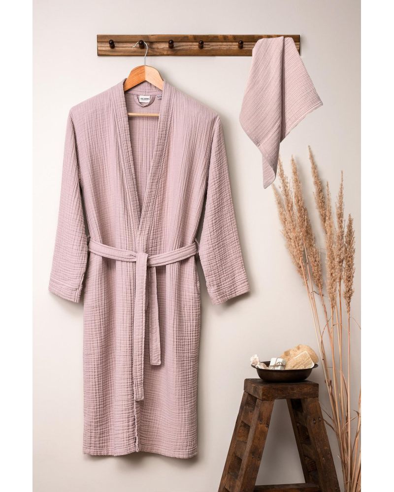 Unisex Kimono Müslin Bornoz-Havlu Seti - Pudra