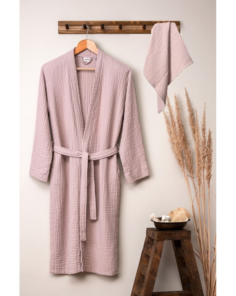 Unisex Kimono Müslin Bornoz-Havlu Seti - Pudra