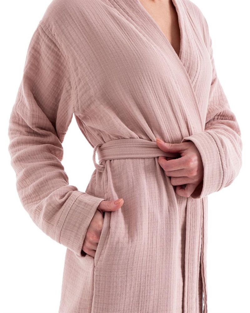 Unisex Kimono Müslin Bornoz-Havlu Seti - Pudra