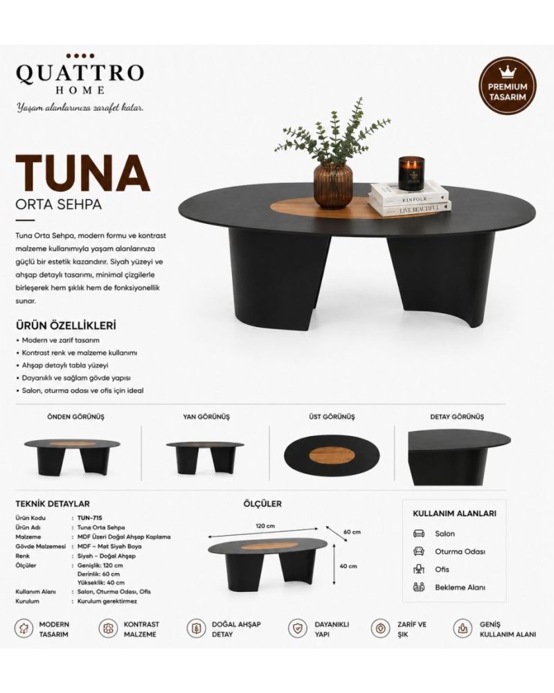 Tuna 120 cm Oval Orta Sehpa – Siyah ve Doğal Ahşap Detaylı