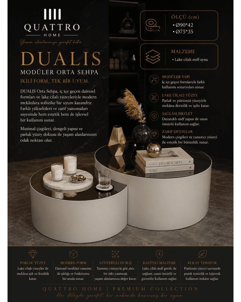 Quattro Home Dualis Yuvarlak Modüler Orta Sehpa Beyaz Lake Cilalı MDF Aynalı Yüzey 90x42 75x35 cm