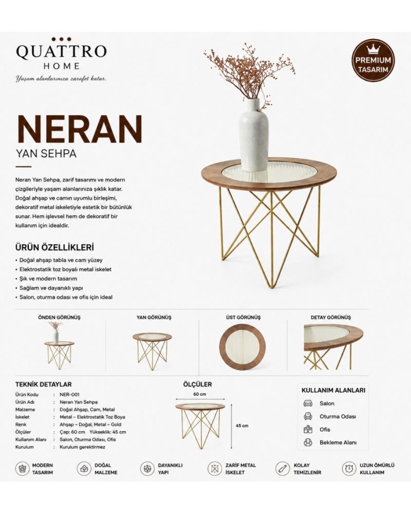 Neran 60 cm Doğal Ahşap Camlı Gold Metal Yan Sehpa