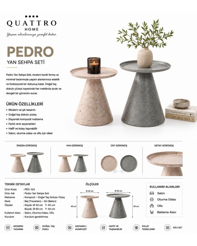 Pedro 2’li Doğal Taş Dokulu Konik Yan Sehpa Seti – Bej Gri