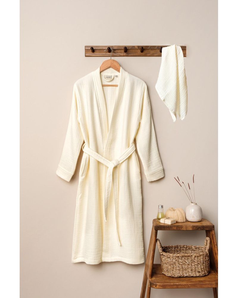 Unisex Kimono Müslin Bornoz-Havlu Seti - Ekru