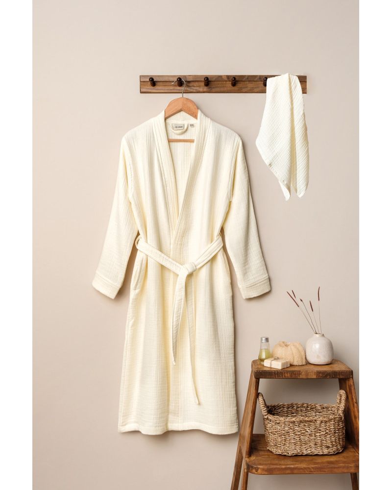 Unisex Kimono Müslin Bornoz-Havlu Seti - Ekru