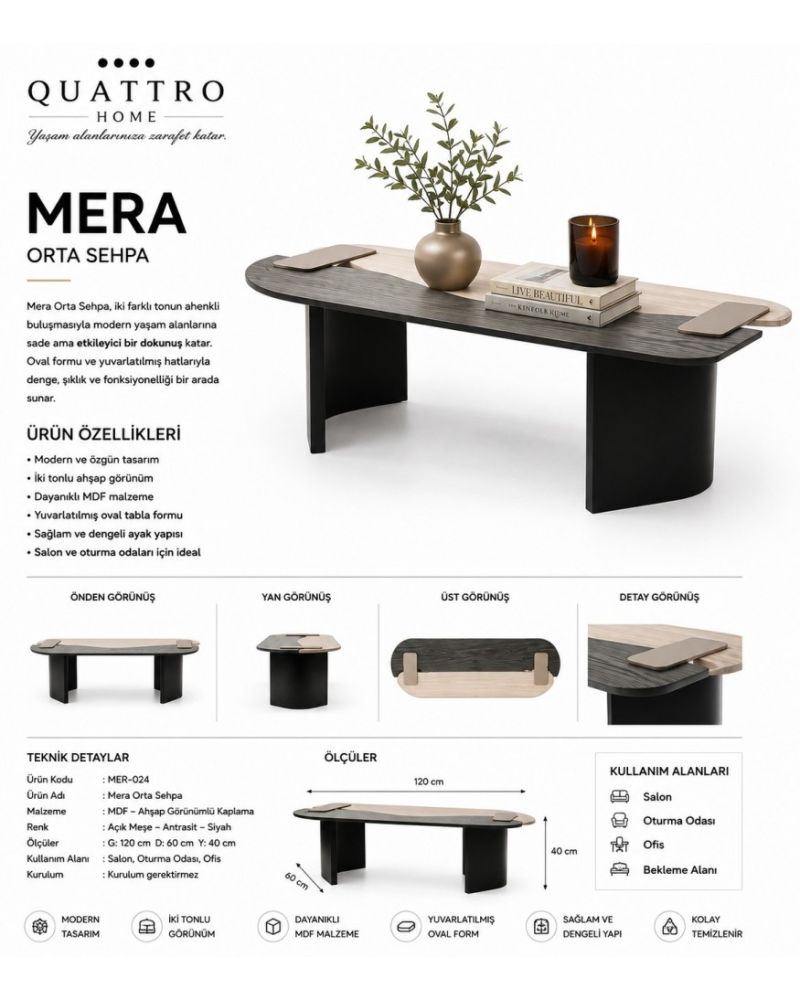 Mera 120 cm İki Tonlu Oval Orta Sehpa – Açık Meşe Antrasit  Ürün Açıklaması