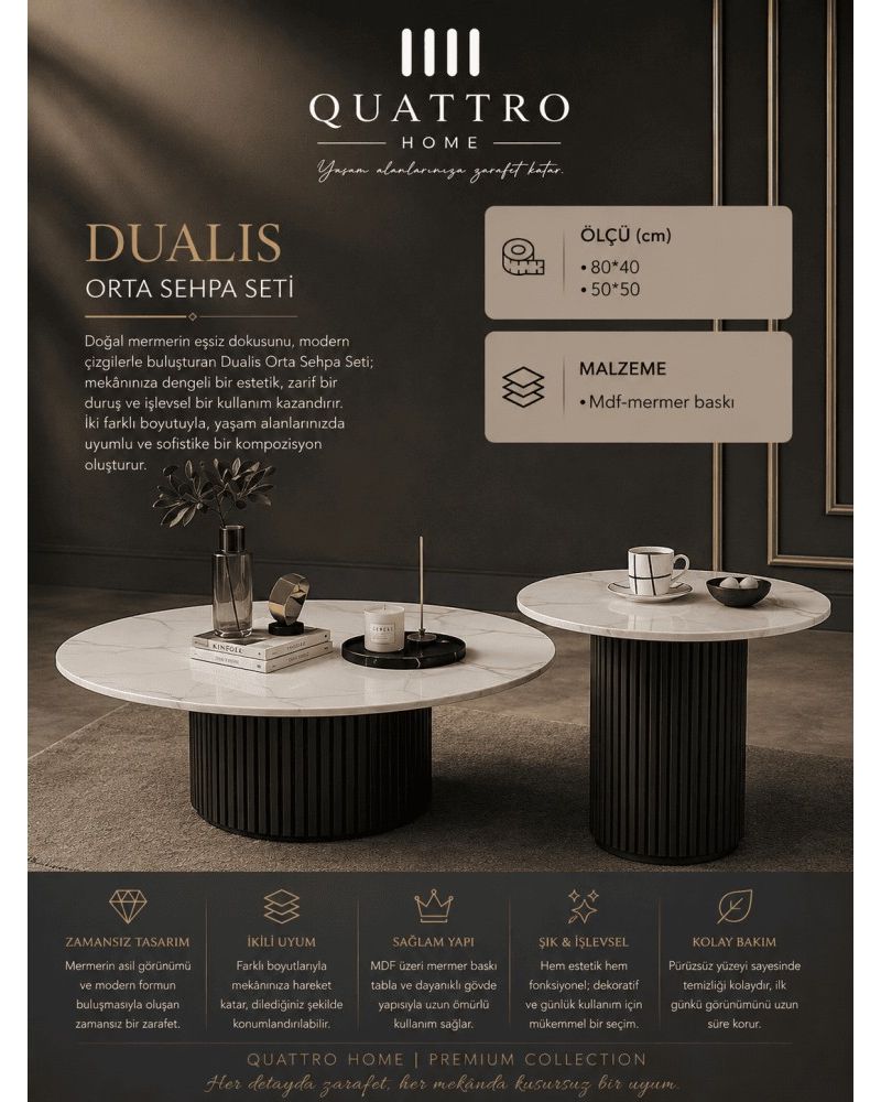 Quattro Home Dualis Yuvarlak Mermer Baskılı İkili Orta Sehpa Seti MDF 80x40 50x50 cm