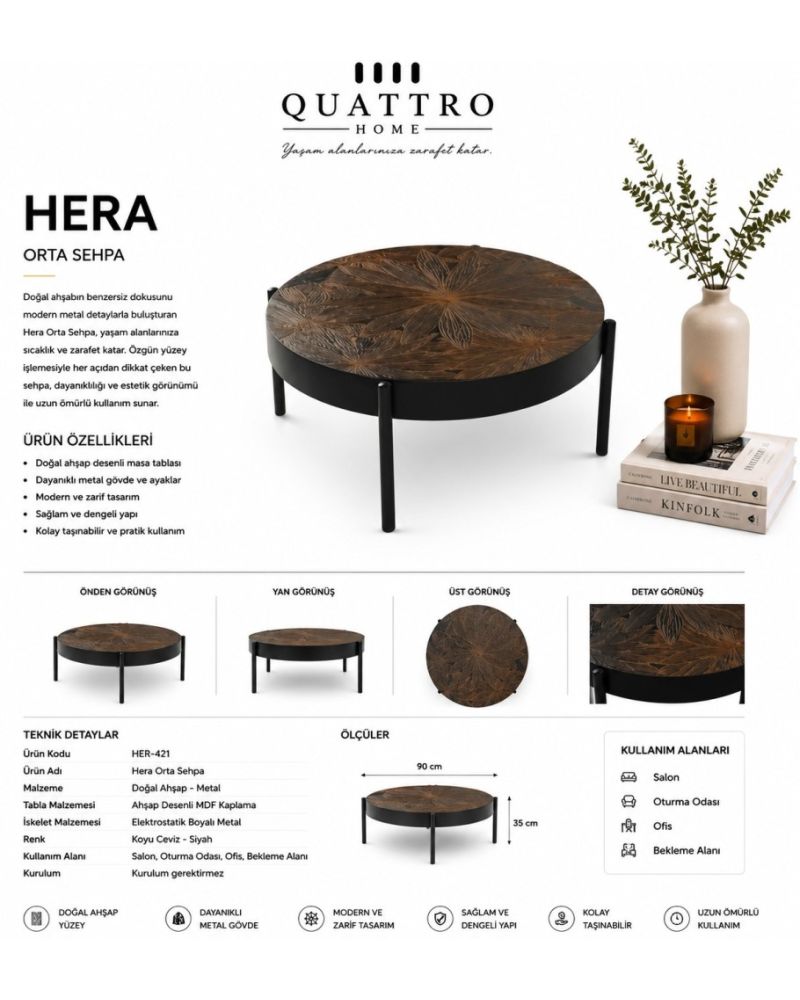 Hera 90 cm Ahşap Desenli Yuvarlak Orta Sehpa – Siyah Metal Ayaklı