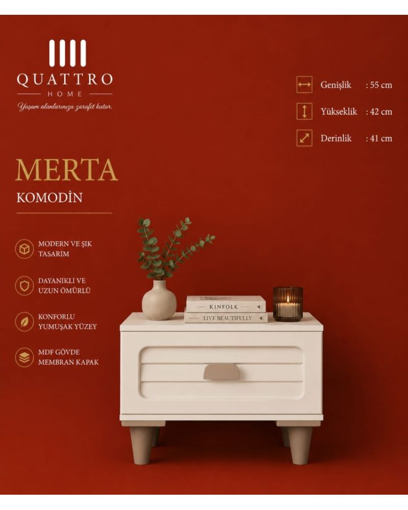 Merta Komodin – Modern Tasarım, MDF Gövde, Membran Kapak