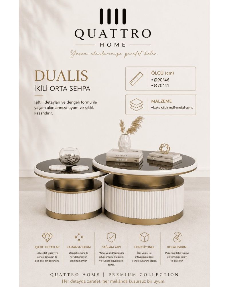 Quattro Home Dualis Yuvarlak İkili Orta Sehpa Beyaz Gold Lake Cilalı MDF Metal Aynalı Yüzey 90x46 70x41 cm