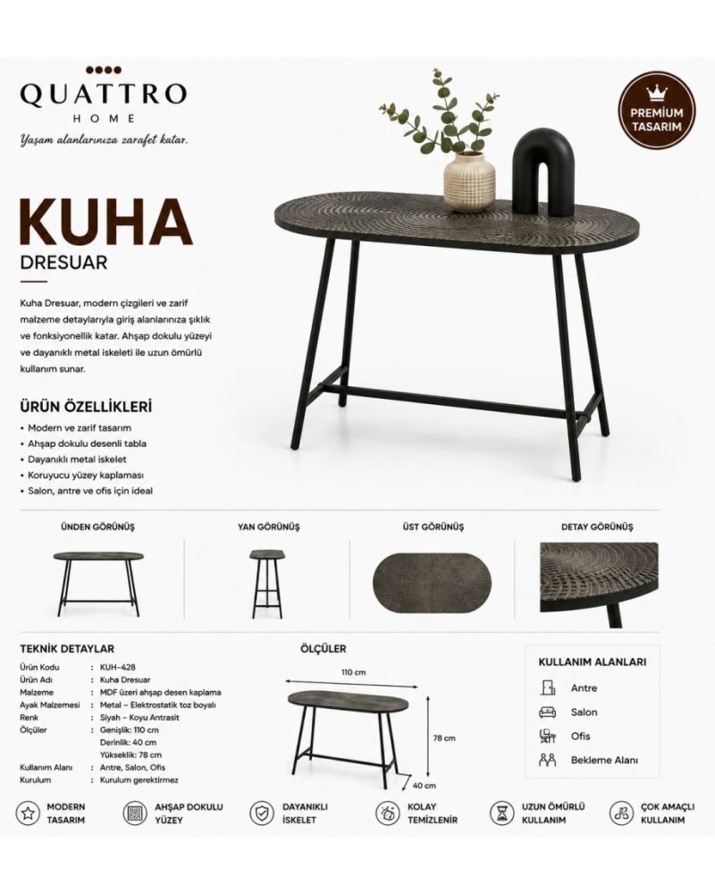 Kuha 110 cm Ahşap Desenli Siyah Metal Ayaklı Dresuar
