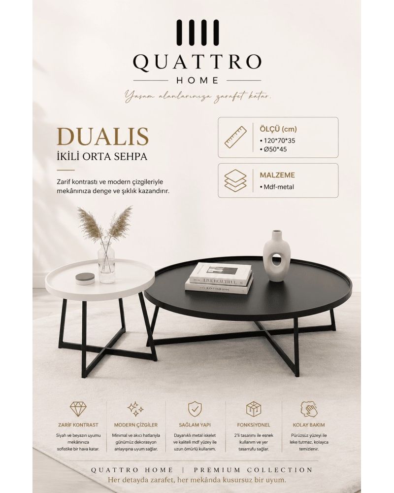 Quattro Home Dualis Oval İkili Orta Sehpa Siyah Beyaz MDF Metal 120x70x35 50x45 cm