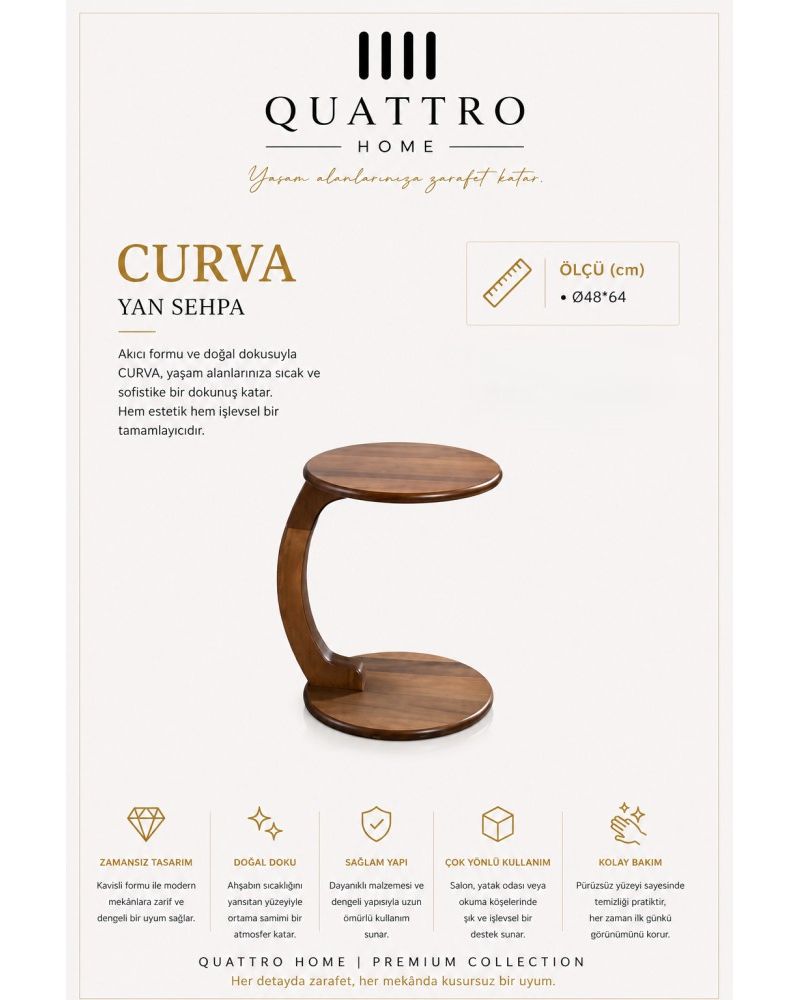 Quattro Home Curva C Form Ahşap Yan Sehpa Kavisli Tasarım 48x64 cm