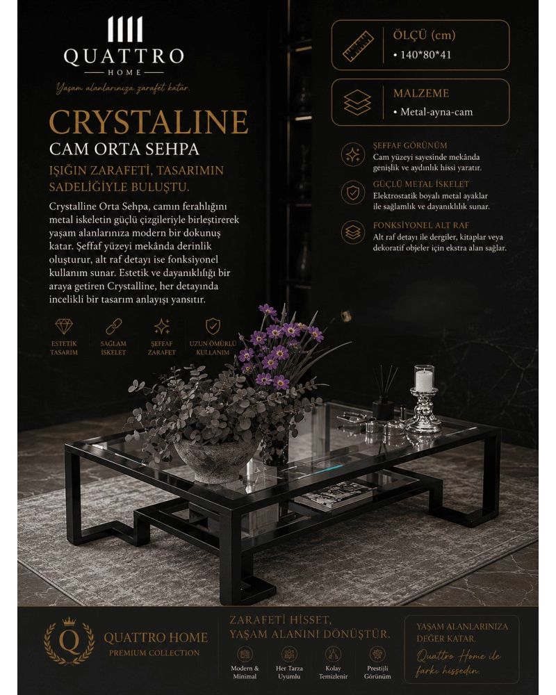 Quattro Home Crystalline Dikdörtgen Cam Orta Sehpa Siyah Metal Ayaklı Alt Raflı 140x80x41 cm