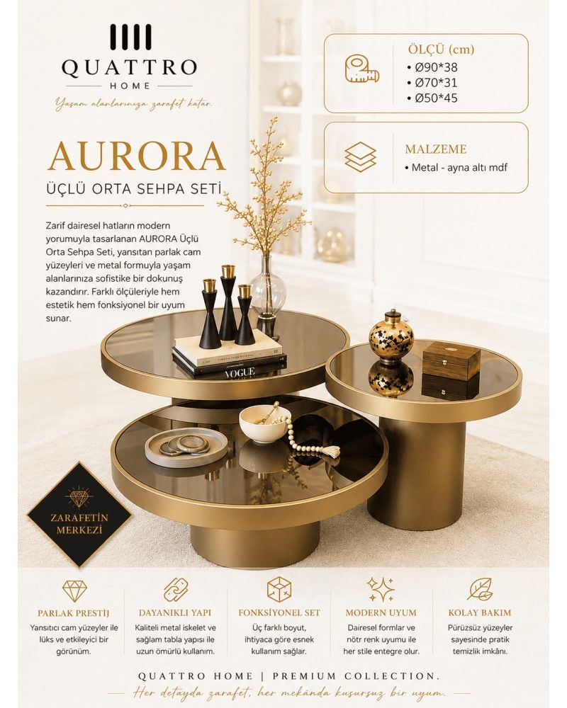 Quattro Home Aurora Yuvarlak Üçlü Orta Sehpa Seti Gold Aynalı Yüzey Metal MDF 90x38 70x31 50x45 cm