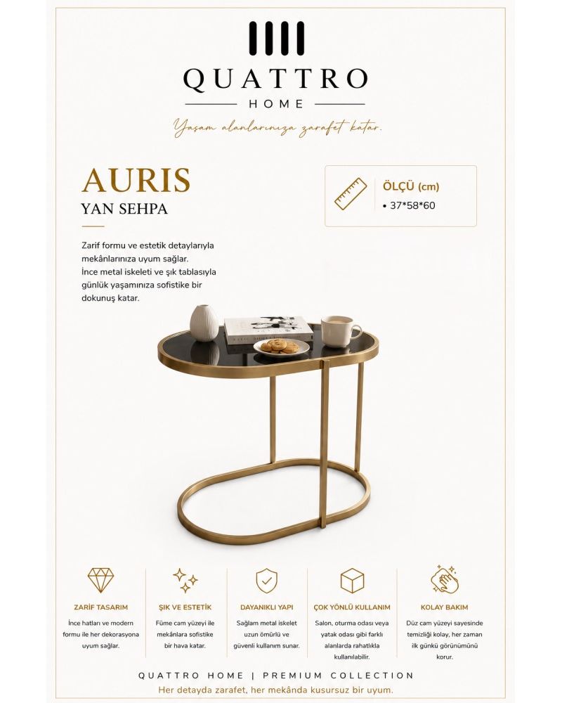 Quattro Home Auris Oval Yan Sehpa Gold Metal Ayaklı Füme Cam 37x58x60 cm