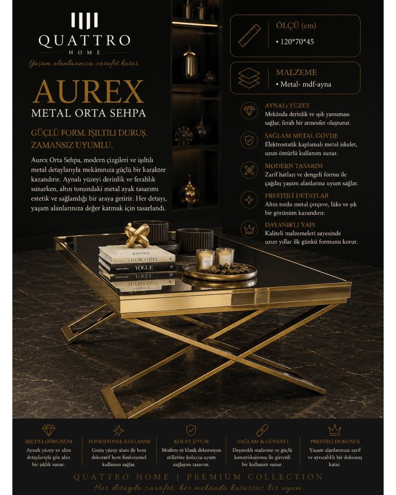 Quattro Home Aurex Dikdörtgen Metal Orta Sehpa Gold Aynalı MDF 120x70x45 cm