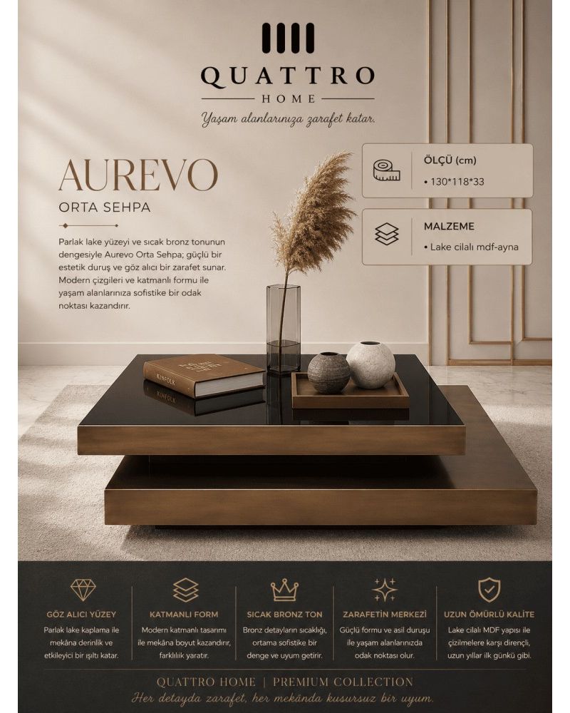 Quattro Home Aurevo Dikdörtgen Orta Sehpa Bronz Lake Cilalı MDF Aynalı 130x118x33 cm