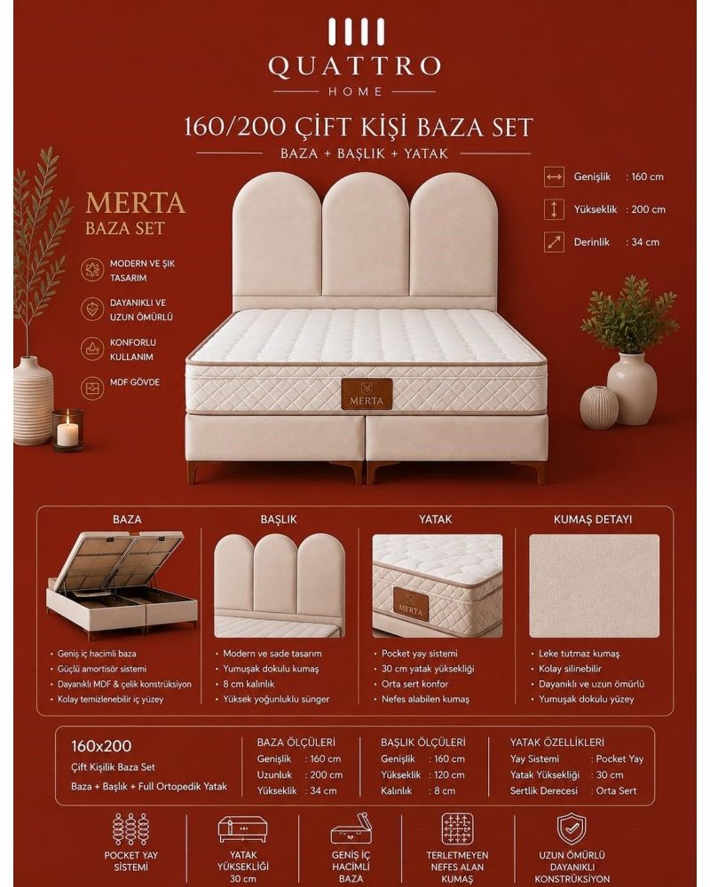 Merta Çift Kişilik Baza, Başlık ve Pocket Yaylı Yatak Seti