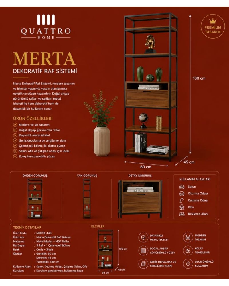 Merta 5 Raflı 1 Çekmeceli Dekoratif Raf Sistemi