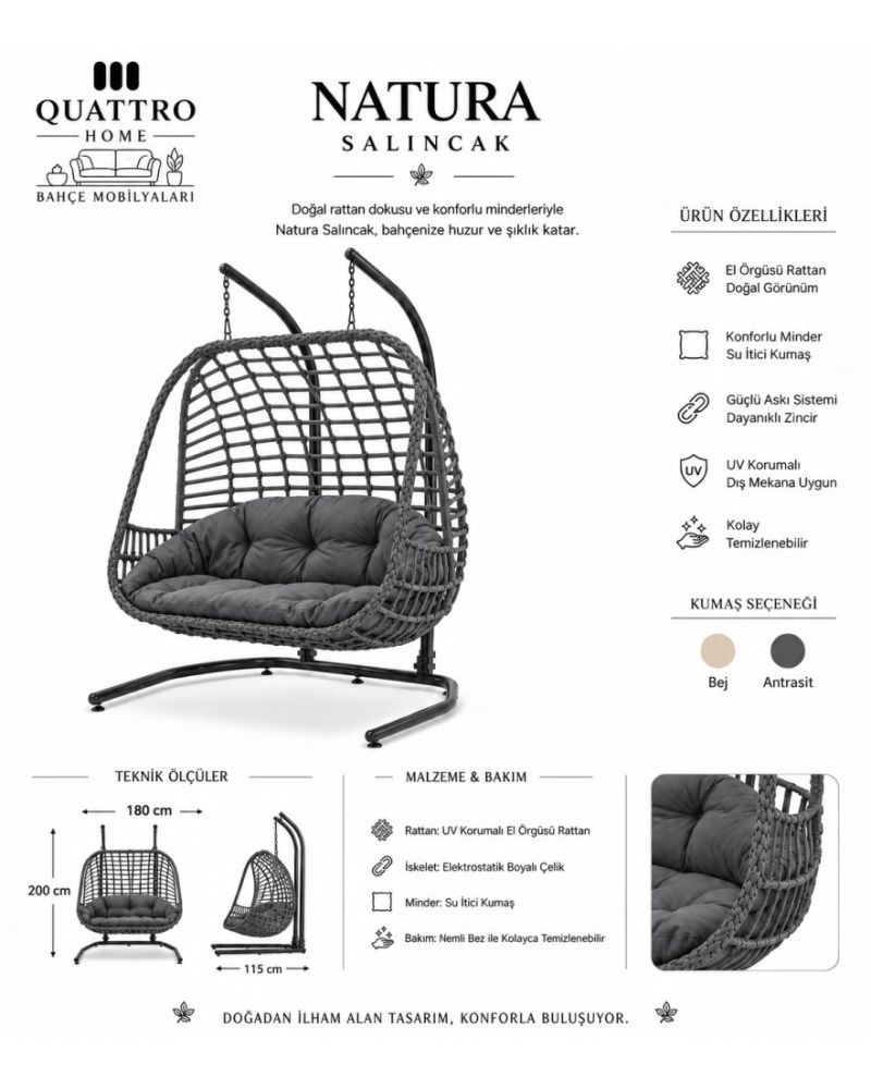 Natura Rattan Bahçe Ve Balkon Salıncağı Antrasit
