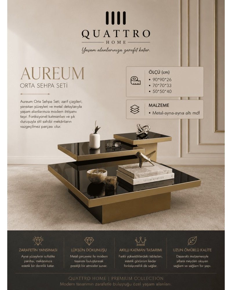 Quattro Home Aureum Kare Orta Sehpa Seti Siyah Gold Aynalı Metal Detaylı 90x90x26 70x70x33 50x50x40 cm